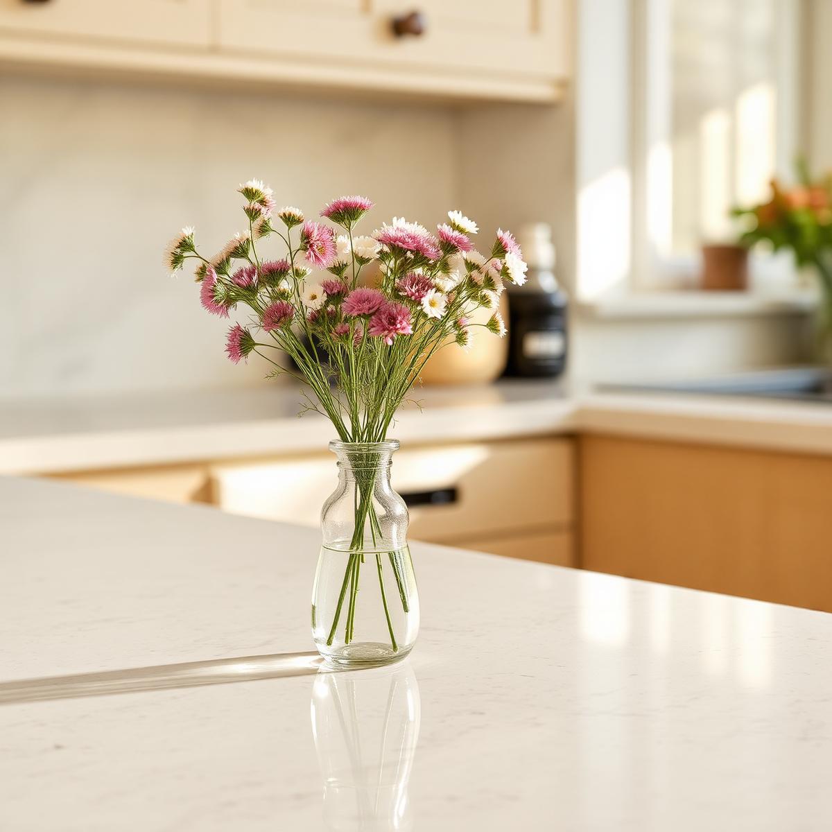 Clean kitchen counter with wildflowers